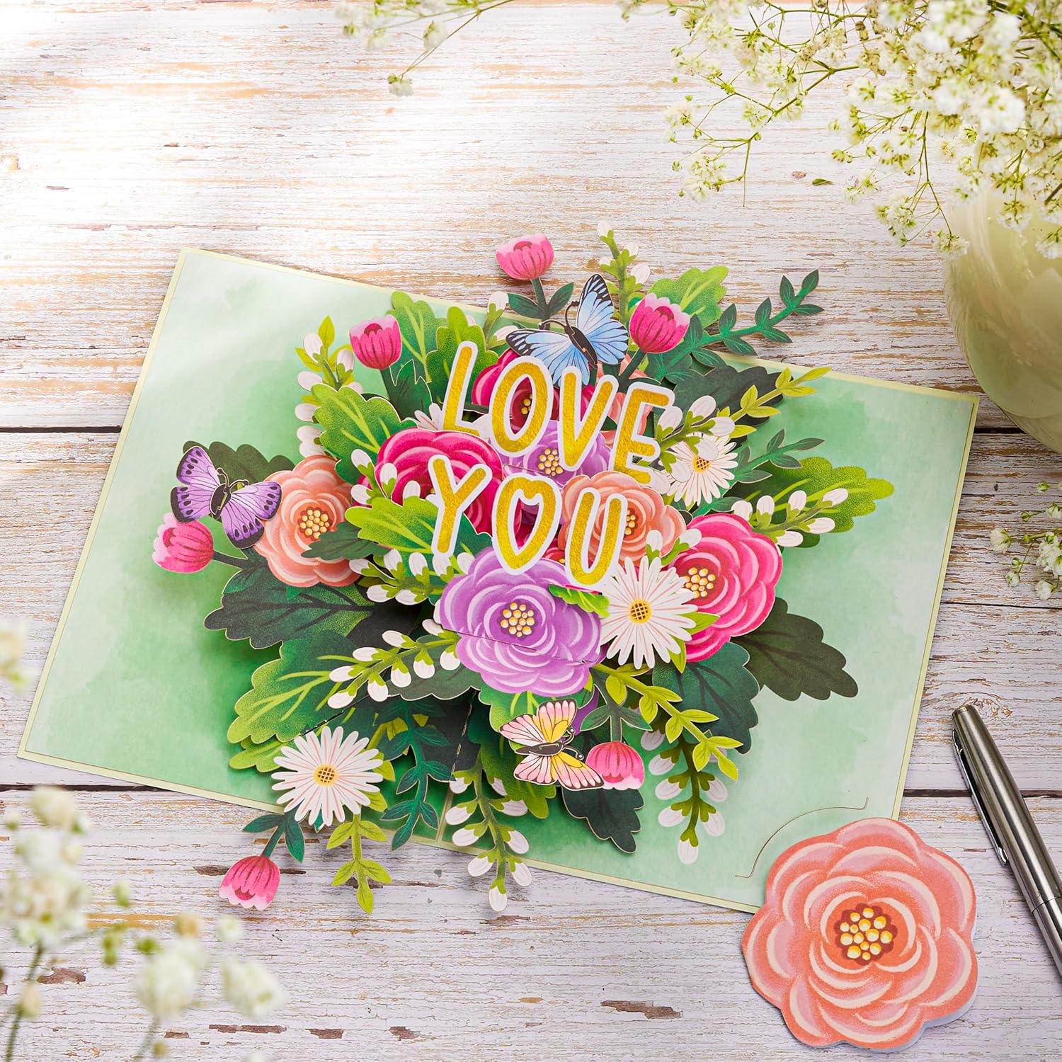 Colorful Floral Roses Pop Up Card, Love You, Flowers, Butterfly, 3D Greeting Cards, Ideal Gifts For Birthday, Mothers Day, Anniversary, Valentines Day, 5X7 - Includes Envelope And Message Note