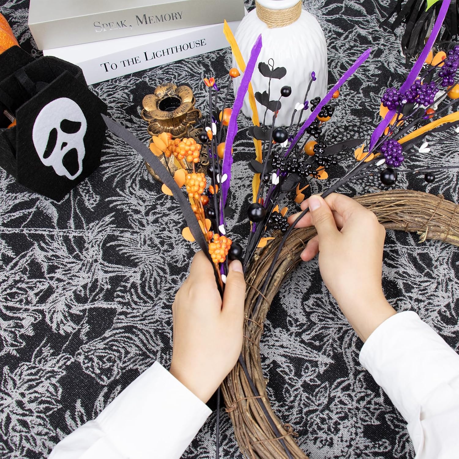 6 Pcs Halloween Flowers Artificial 17 Inches Black Halloween Stems With Berry Branch Gothic Floral Picks For Vase Flower Arrangement Home Party Thanksgiving Harvest Decor