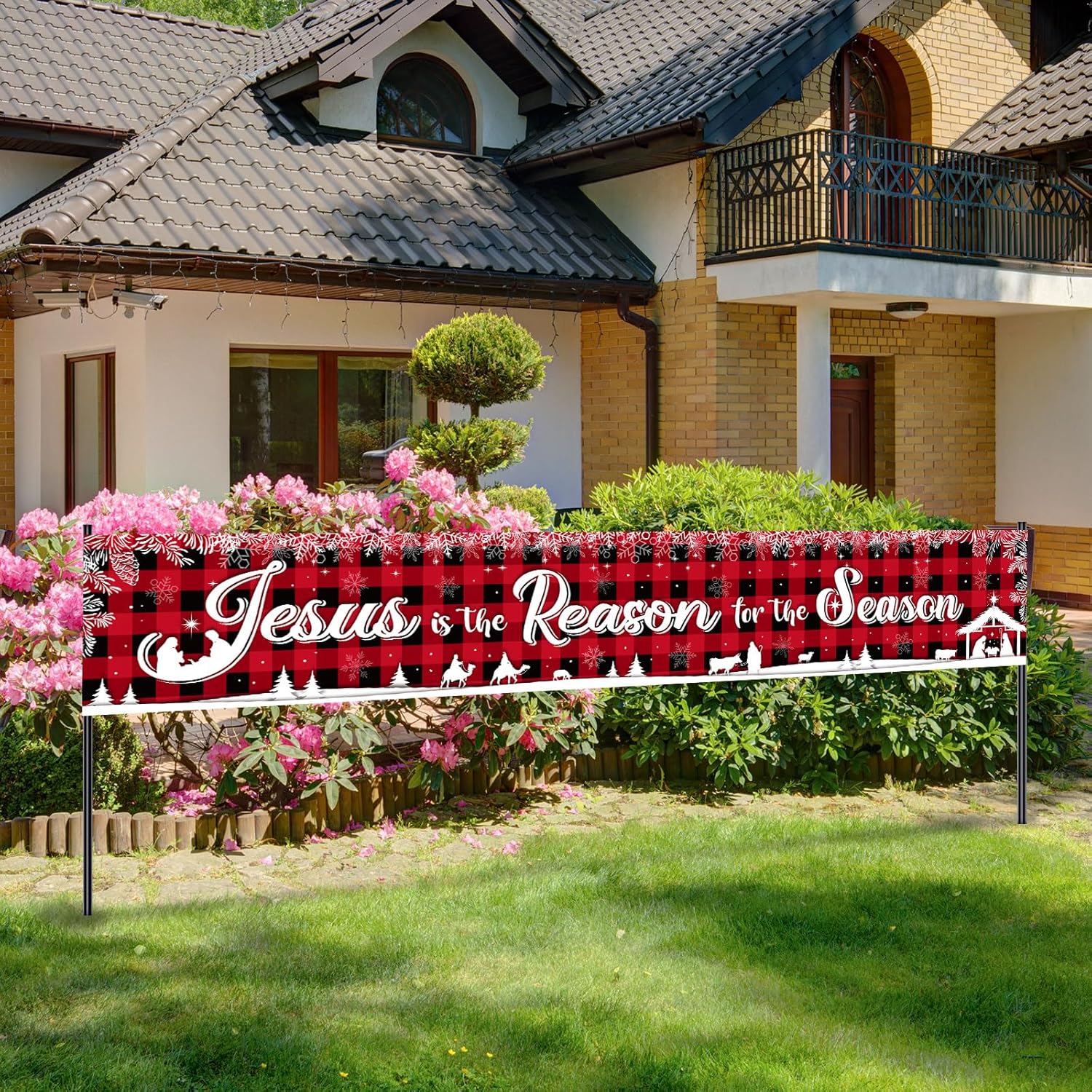 Holy Nativity Christmas Banner Manger Scene Religious Jesus Is The Reason For The Season Red Buffalo Plaid Hanging Banner For Xmas Winter Holiday Outdoor Indoor Decoration