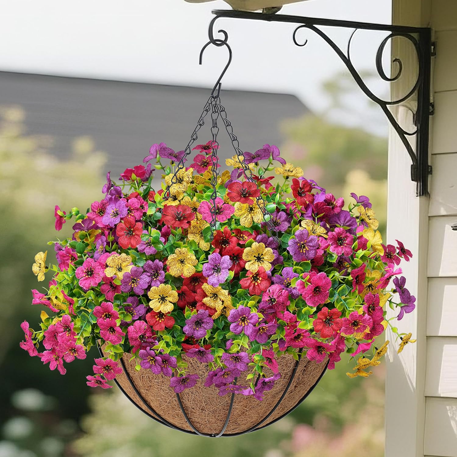 Artificial Hanging Flowers Basket For Outdoors Fake Hanging Plants Spring Summer Decoration Uv Resistant For Garden Front Porch Patio Balcony Decor