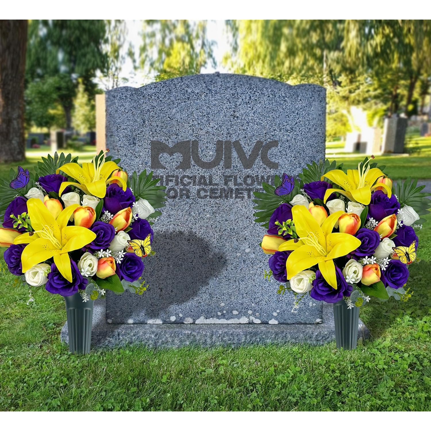 Artificial Cemetery Flowers - Memorial Flowers - Outdoor Sympathy Grave Flower Decorations For Mothers Day,Fathers Day,Lily/Rose