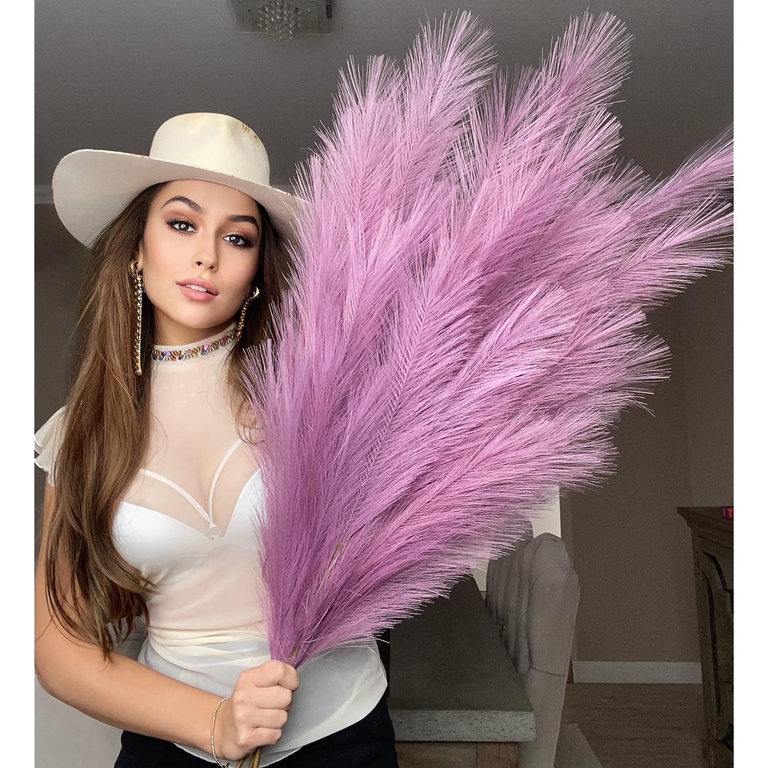 Lilac Purple Fake Artificial Faux Pampas Grass Large Bundle 3 Tall 115Cm 45" Extra Fluffy Stems 18 Decorative Branches Artificial Floor Plant Vase Fillers Boho Chic White Home Living Room Decor