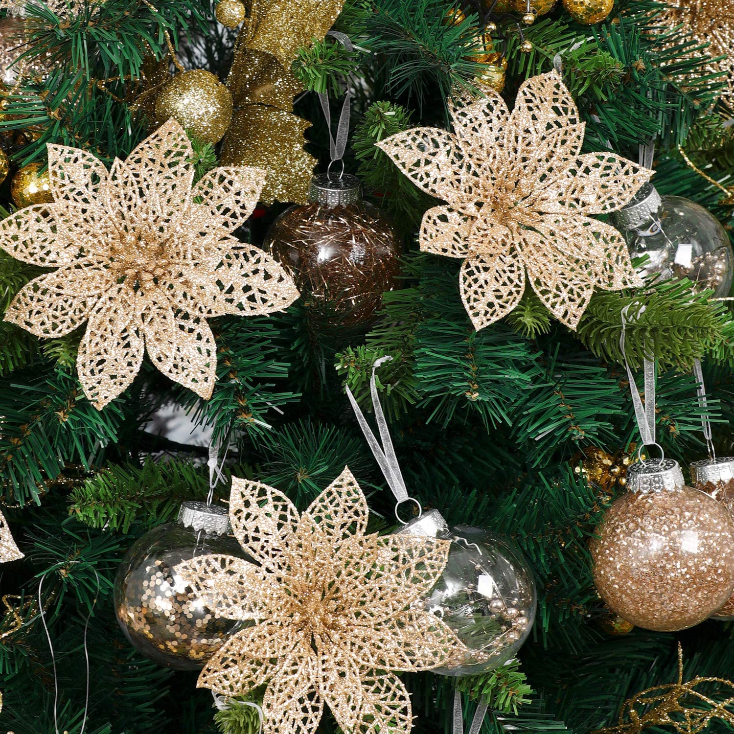 24 Pieces Glitter Poinsettia Flowers Christmas Tree Ornaments, Glitzy Poinsettia Bushes Christmas Decorations For Xmas/Holiday/Seasonal/Wedding (Champagne)
