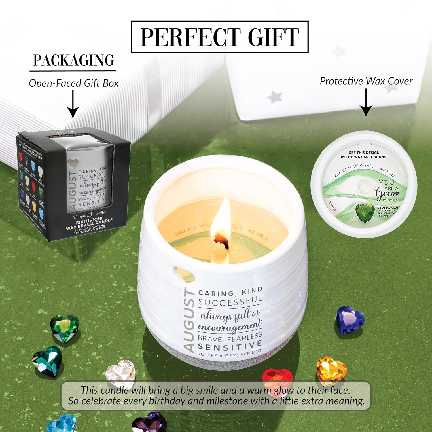 Pavilion Gift Company - August 11 oz Wax Reveal Candle, Natural Soy Wax Birthstone Candle, Jasmine Scented, Gemstone Candle with Crystal Inside, Birthday Gifts for Women, 1 Count