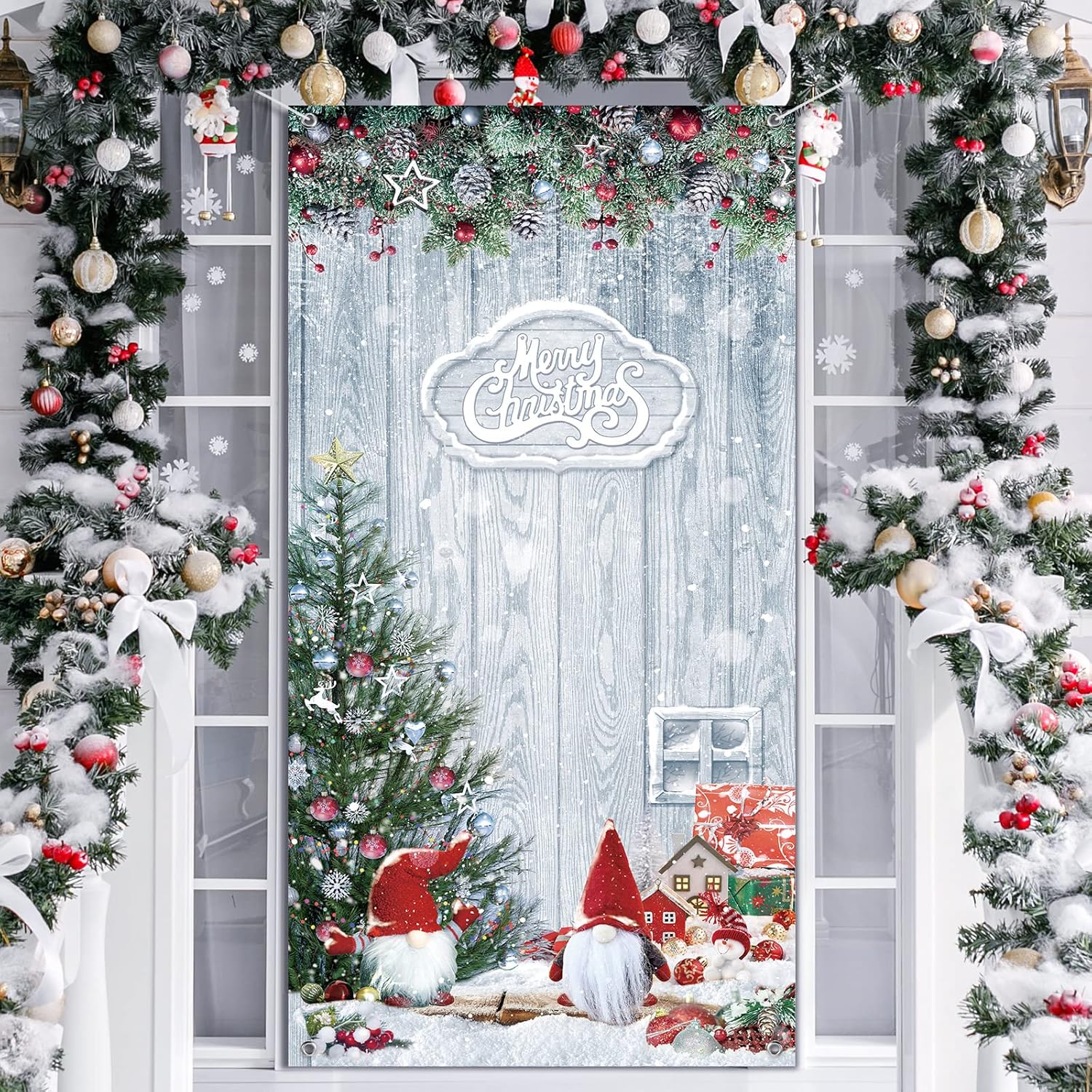 Christmas Gnome Door Cover Decorations Merry Christmas Front Door Cover Winter Snowflake Backdrop Wood Door Banner Photo Booth Props For Christmas Party Decorations