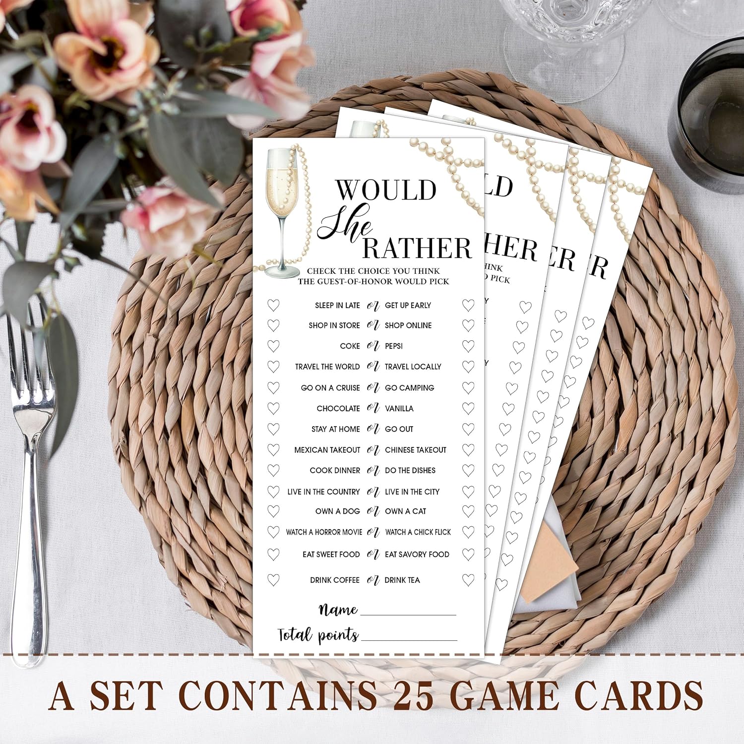 Wedding Shower Games Cards, Would She Rather, 25 Pcs Pearls And Champagne Bridal Wedding Activities Game Cards For Guests, Engagement Bachelorette Party, Bridal Shower Party Decorations, 4X9 Inch-C02