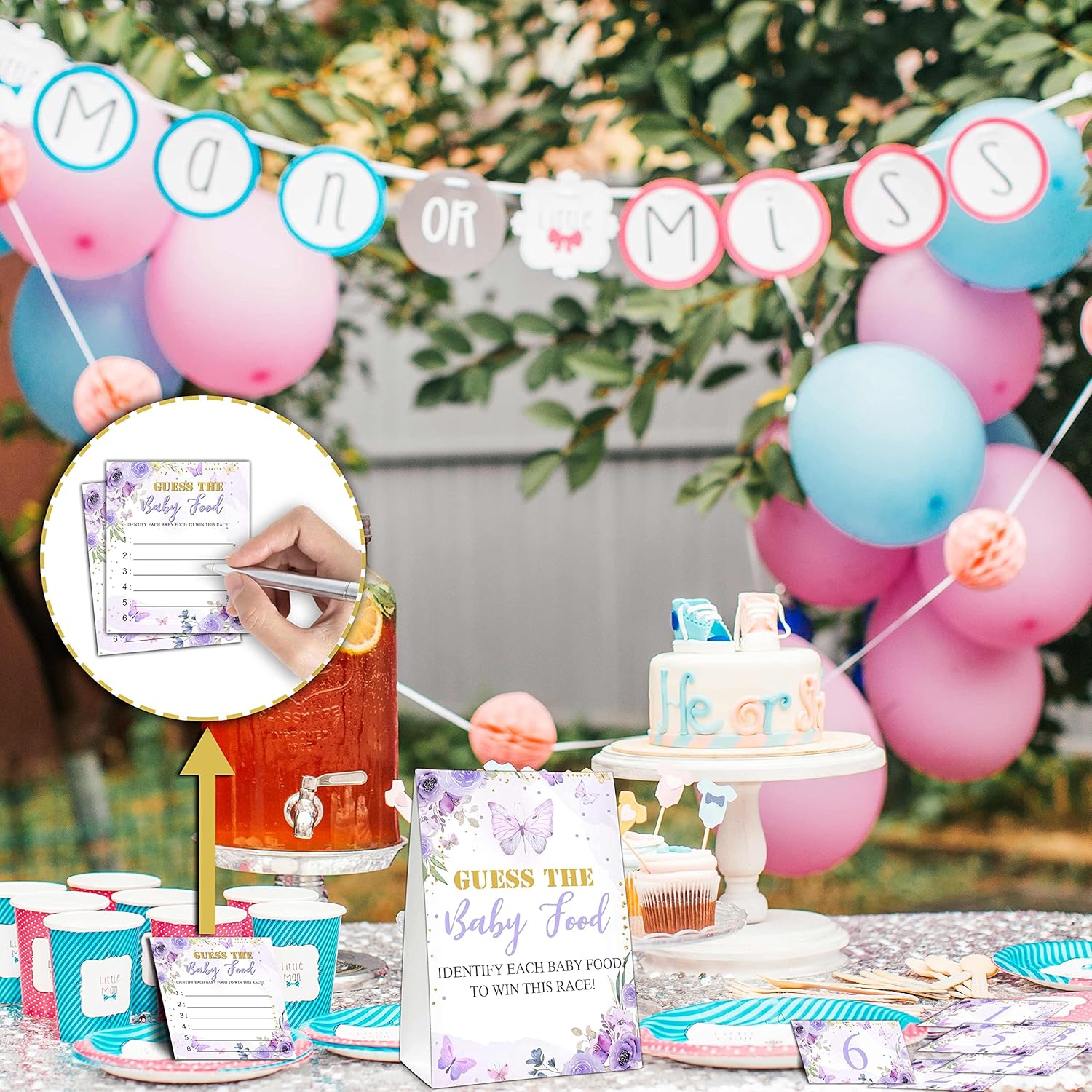 Guess The Baby Food Party Games, Baby Shower Game Set, 1 Standing Sign + 25 Answer Cards + 6 Number Cards, Purple Butterfly Gender Reveal Party Decorations Supplies -A02