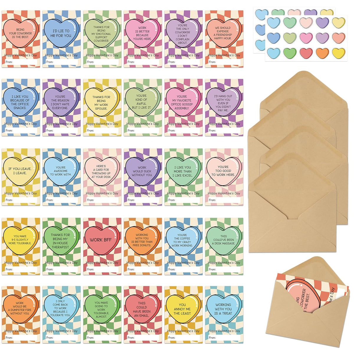 30 Pack Valentine'S Day Cards Set, Funny Bulk Boxed Greeting Cards With Envelopes And Stickers, Wavy Checker Holiday Notes Set For Gift Exchange Office Coworker Colleague Employees Party Favors