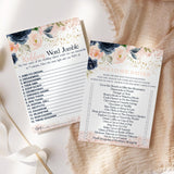 Blue Bridal Shower Games Bundle - 25 Each Of Guess The Cake, Word Scramble, Famous Pairs & Wedding Name Game - Double-Sided Cards For Engagement Parties & Rehearsal Dinners - Rustic Floral Design