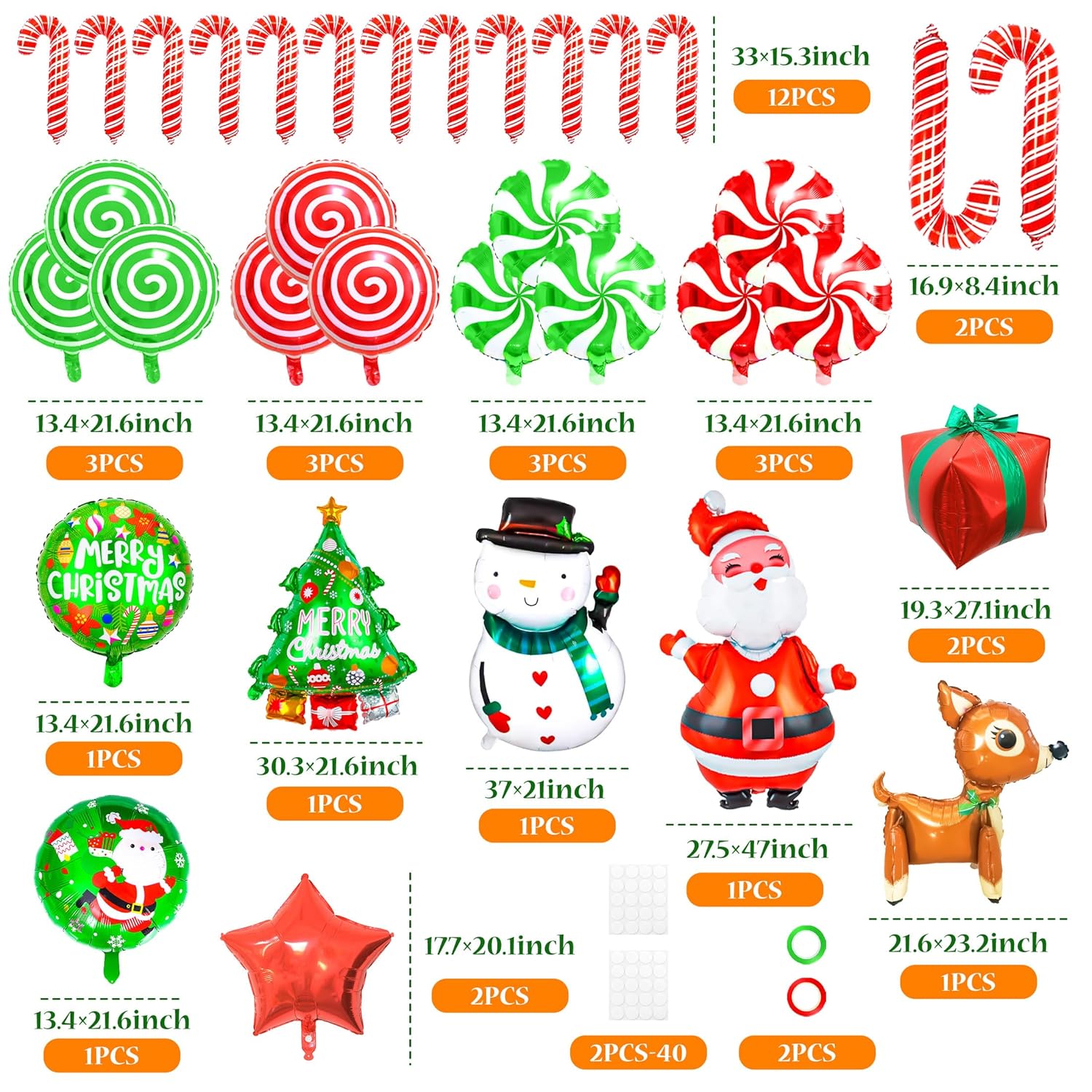 40Pcs Christmas Foil Balloons,Large Sugarcane Sugar Vortex Balloon,Candy Cane Mylar Balloons,Santa Snowman Christmas Reindeer,Christmas Decorations For Candies Theme Party,Xmas With Ribbon & Glue