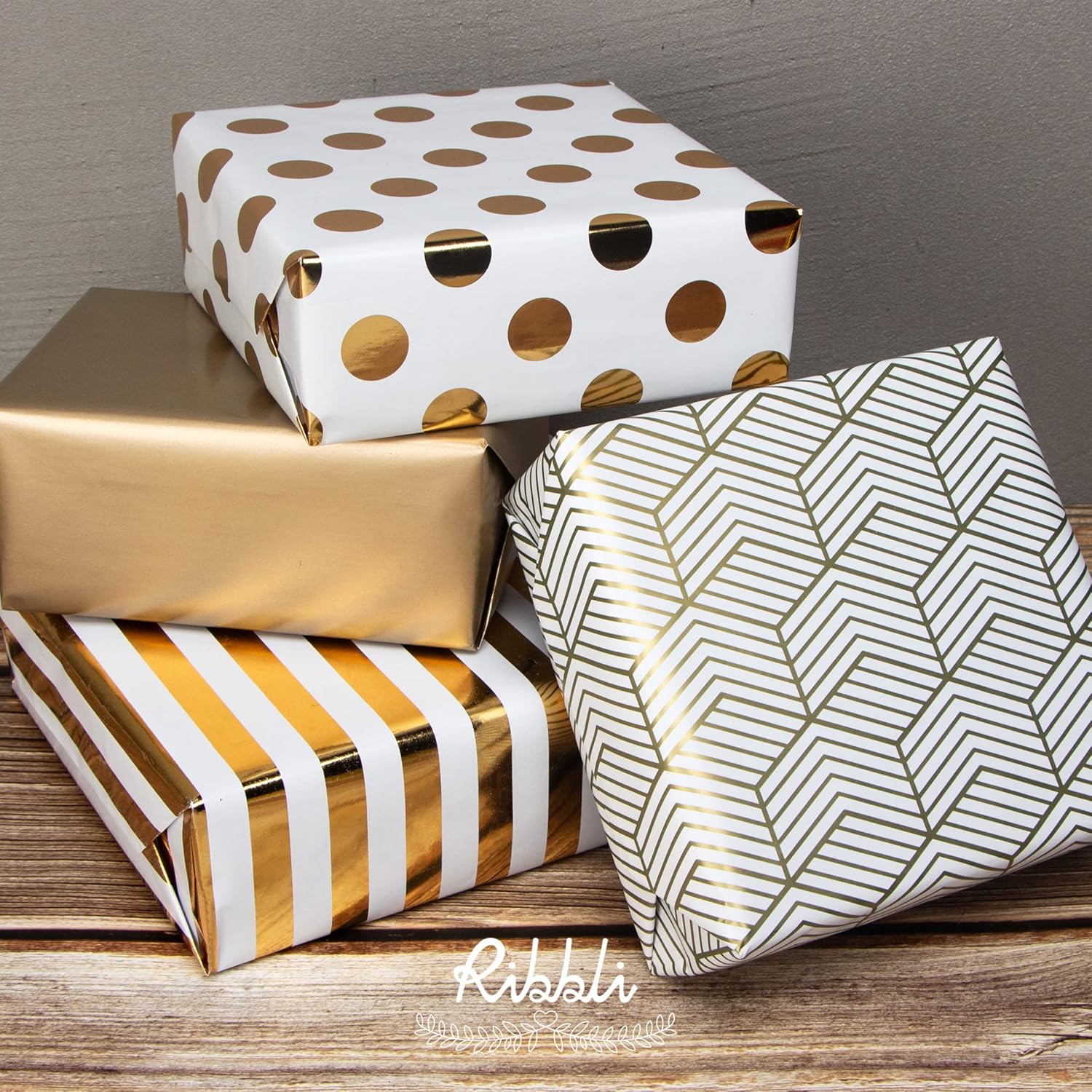 Christmas White And Gold Wrapping Paper 30 Inch For Birthday, Holiday, Wedding, Graduations, Baby Shower, Polka Dots/Stripes/Geometric/Matte Gold,4 Rolls -120 Inch(10Feet) Per Roll