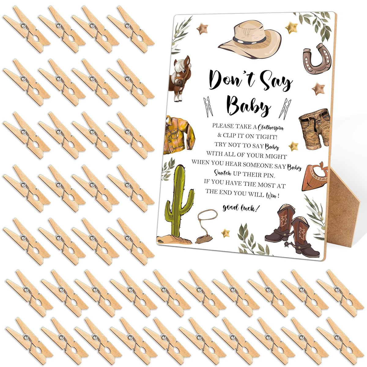 Don'T Say Baby Clothespin Games Sign, Cowboy Baby Shower Games, 1 Wooden Sign With 50 Mini Clothespins, Game Activity For Baby Shower, Gender Reveal Party Favors Decorations