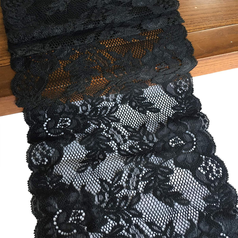 Lace Realm 6 1/2 Inches Wide Black Stretchy Lace Ribbon Elastic Trim Fabric Wi