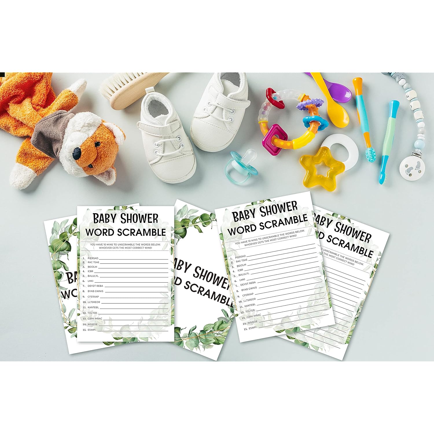 Baby Shower Game Cards, Word Scramble Game, Tropical Jungle Theme Party Games, Set Of 30 (Green005)