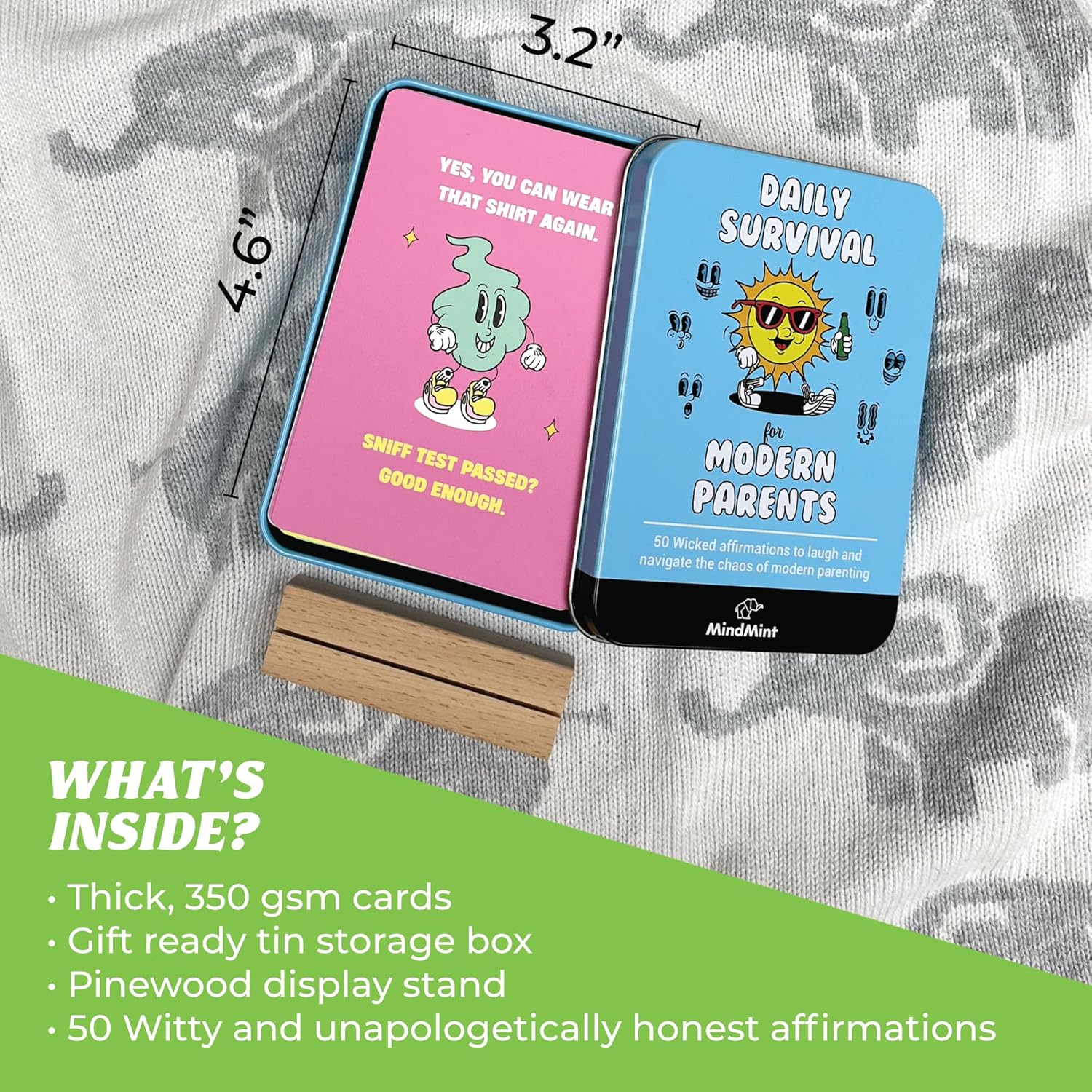 New Parent Gift For Couples - 50 Funny Affirmation Cards For Parenthood - Dark Humor Gifts For New Mom And Dad In Tin Box With Wooden Stand