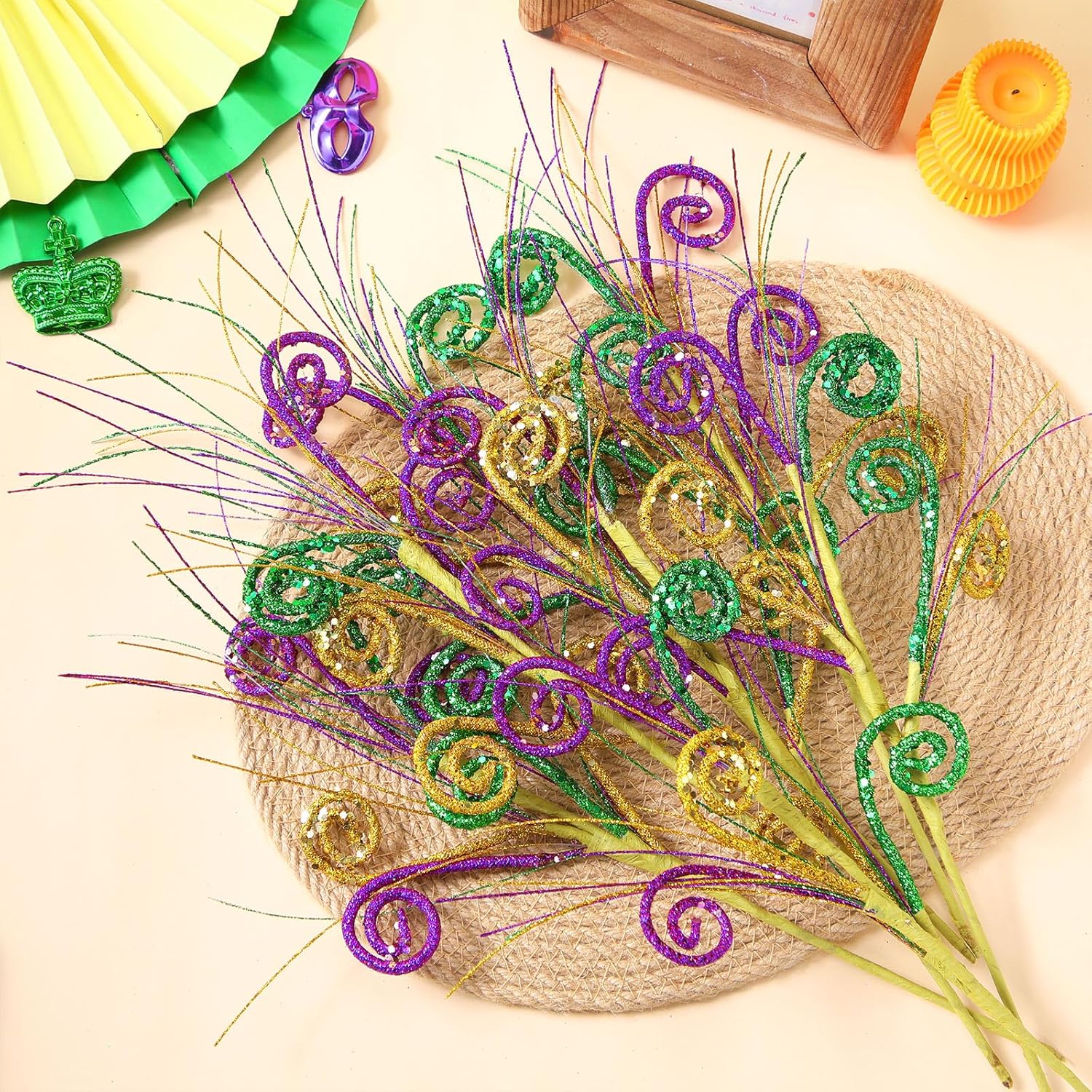 8 Pcs Mardi Gras Decoration Carnival Picks Ornaments Artificial Glitter Berry Stems Tree Decor 15.75 Inches Purple Green And Gold Branches For Mardi Gras Tree Table Party Decor(Curl)