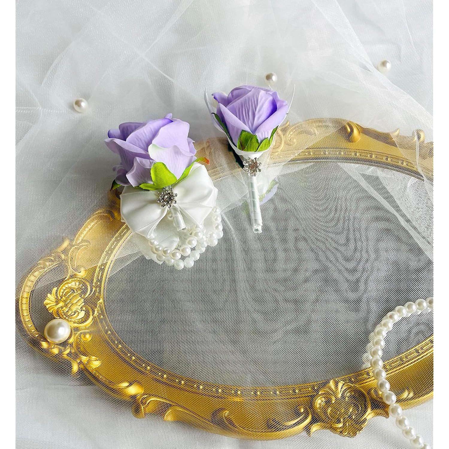 Purple Corsage And Boutonniere Set For Wedding Prom Artificial Flower Corsage Wristlet With Double Pearl Tie Boutonniere For Men Suit Decorations Bridesmaids Groom Groomsmen Bridal Shower
