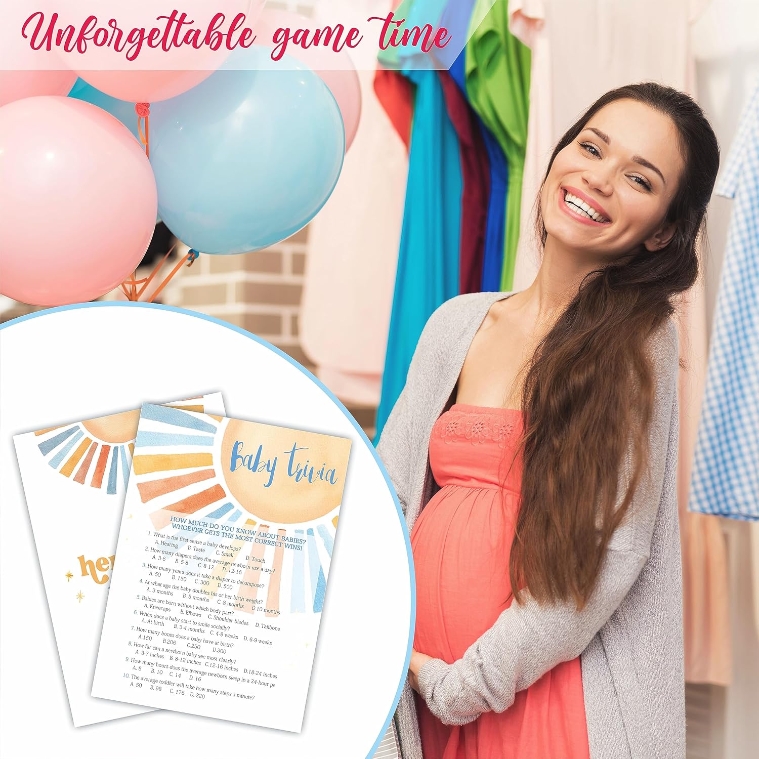 Trivia Game Set - Retro Sunshine Theme Baby Shower Party Activities - Watercolor Sun Baby Shower Game Kit, Gender Reveal, Announcement Party & Supplies - A06
