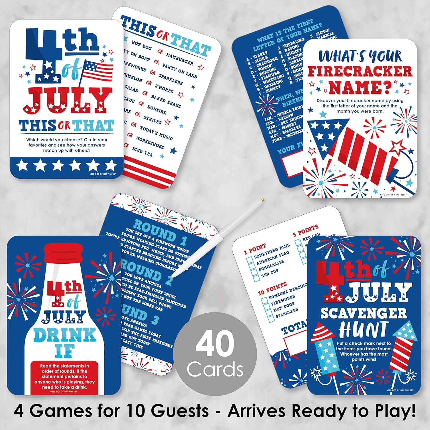 Big Dot of Happiness Firecracker 4th of July - 4 Red, White and Royal Blue Party Games - 10 Cards Each - Gamerific Bundle