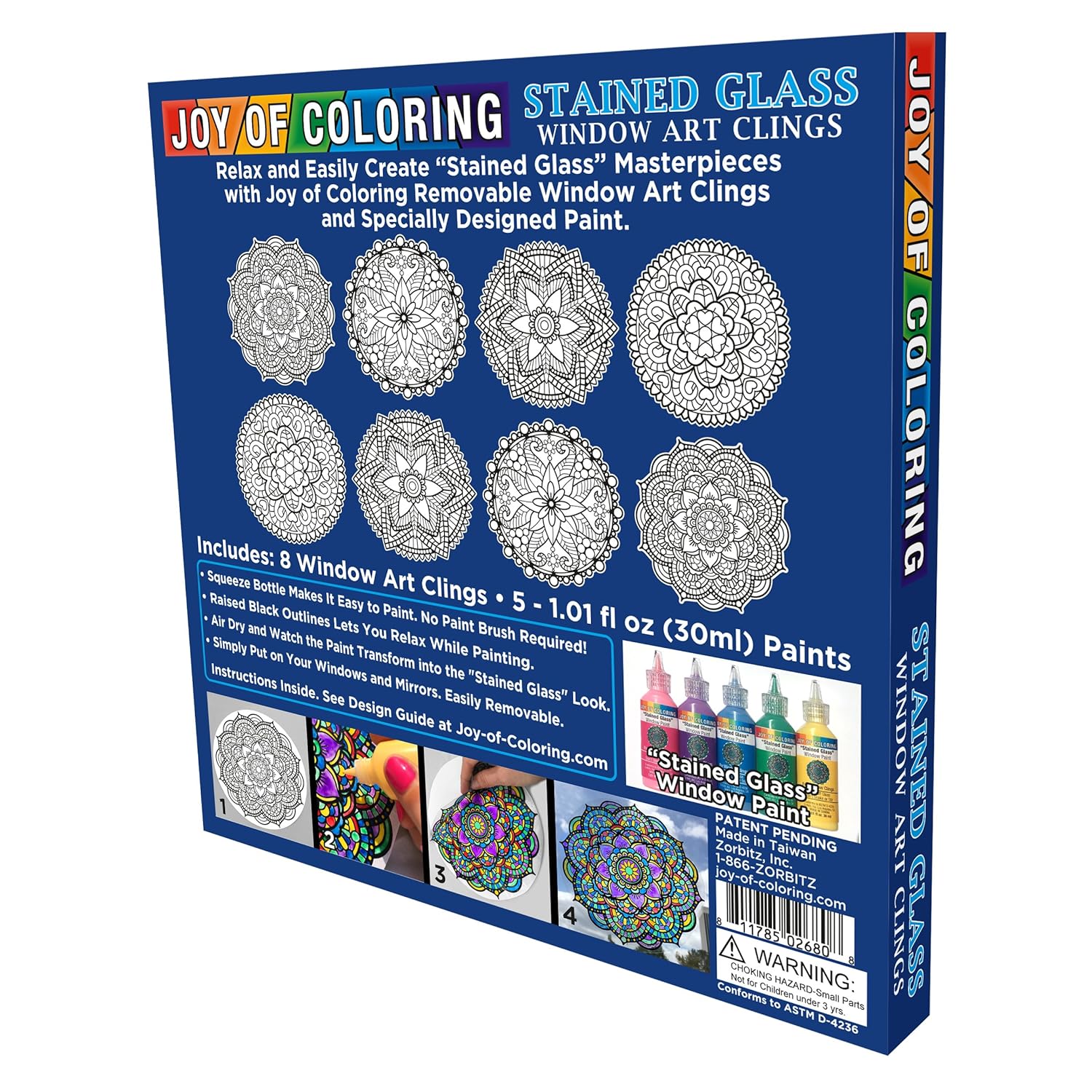 Zorbitz Stained Glass Window Art Clings Diy Kit,8 Clings& 5 Paints,4 Gorgeous,Intricate Mandala Designs,Designed Paint,Removable Clings, Sticks To Any Glass Surface,13 Piece Set,(2680)