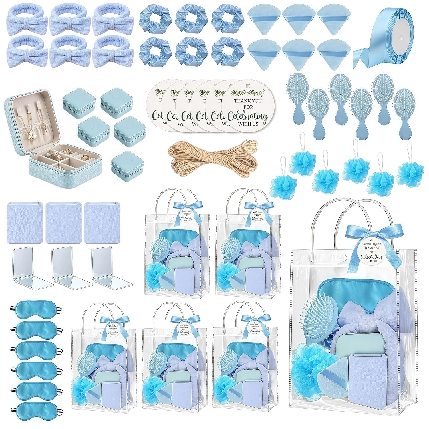 6 Sets Baby Shower Prizes For Winners Headband Hair Brush Jewelry Box Sleep Mask Compact Mirror Powder Puff Hair Tie Gift Bag Baby Shower Favors Bridal Shower Thank You Gifts For Guests (Blue)