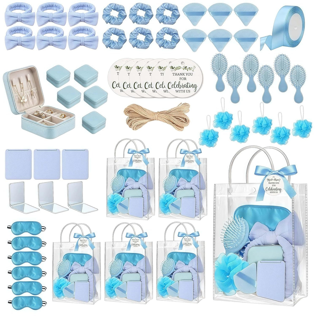 6 Sets Baby Shower Prizes For Winners Headband Hair Brush Jewelry Box Sleep Mask Compact Mirror Powder Puff Hair Tie Gift Bag Baby Shower Favors Bridal Shower Thank You Gifts For Guests (Blue)