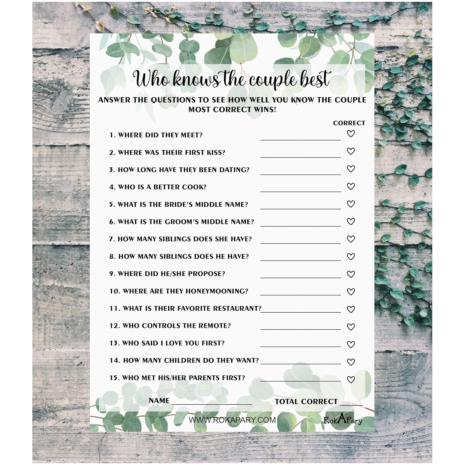 Eucalyptus Who Knows The Couple Best, Wedding, Bridal Shower, Bachelorette Or Engagement Party Game, Couples Guessing Play Pack Of 50 Cards 5”X7” Made In Usa