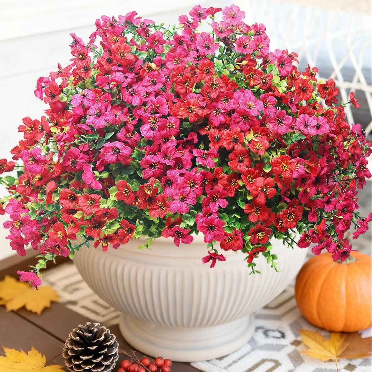 Artificial Flowers For Outdoors – Realistic Faux Silk Flowers For Garden Patio Home Weddings Décor, Yard Planters, 16 Bundles Uv Resistant Fake Flowers(Red & Rose Red)