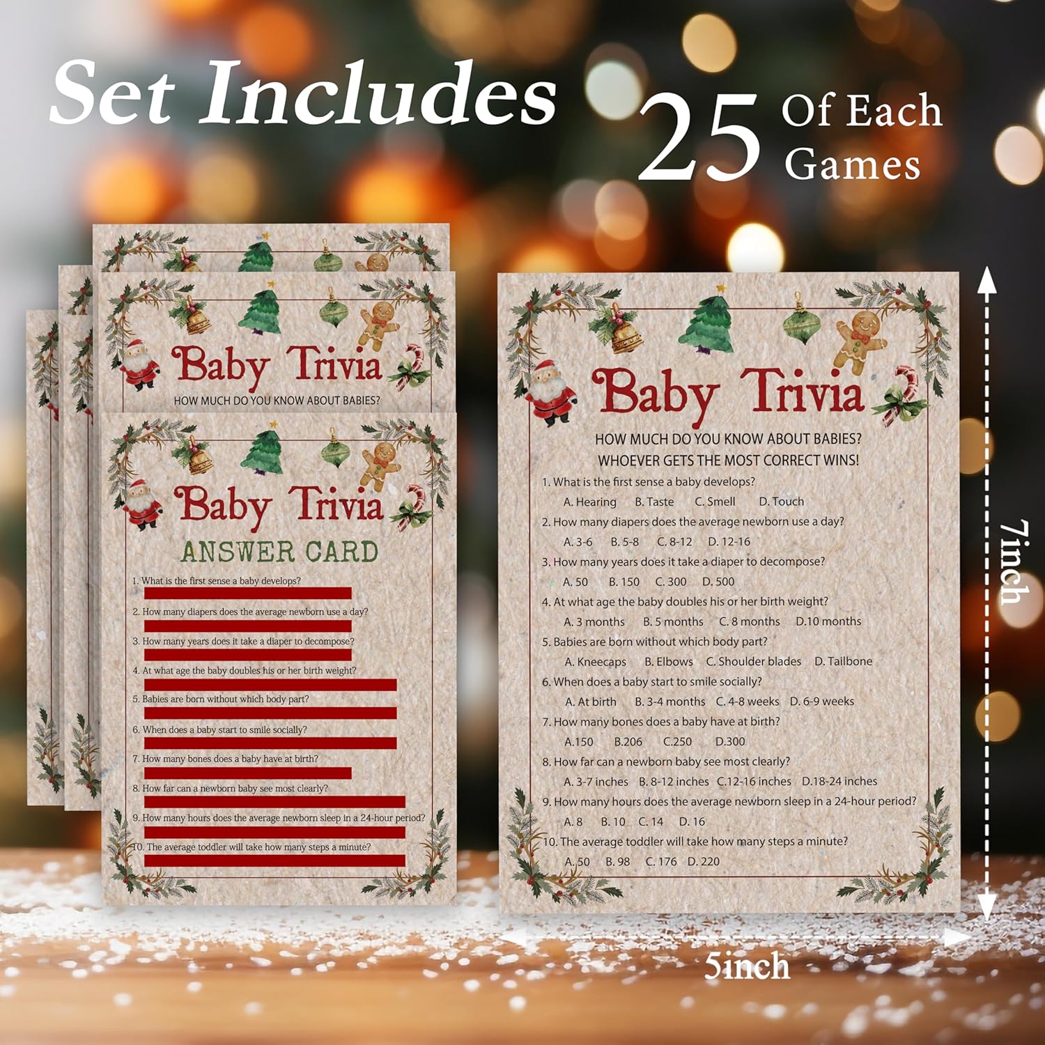 Baby Shower Game, Christmas Gender Reveal Party Supplies, Christmas Baby Trivia Game Kit, Santa Baby Shower Activity Decor, Xmas Baby Shower Gifts Favors, 25 Winter Game Cards With Answer Card -05