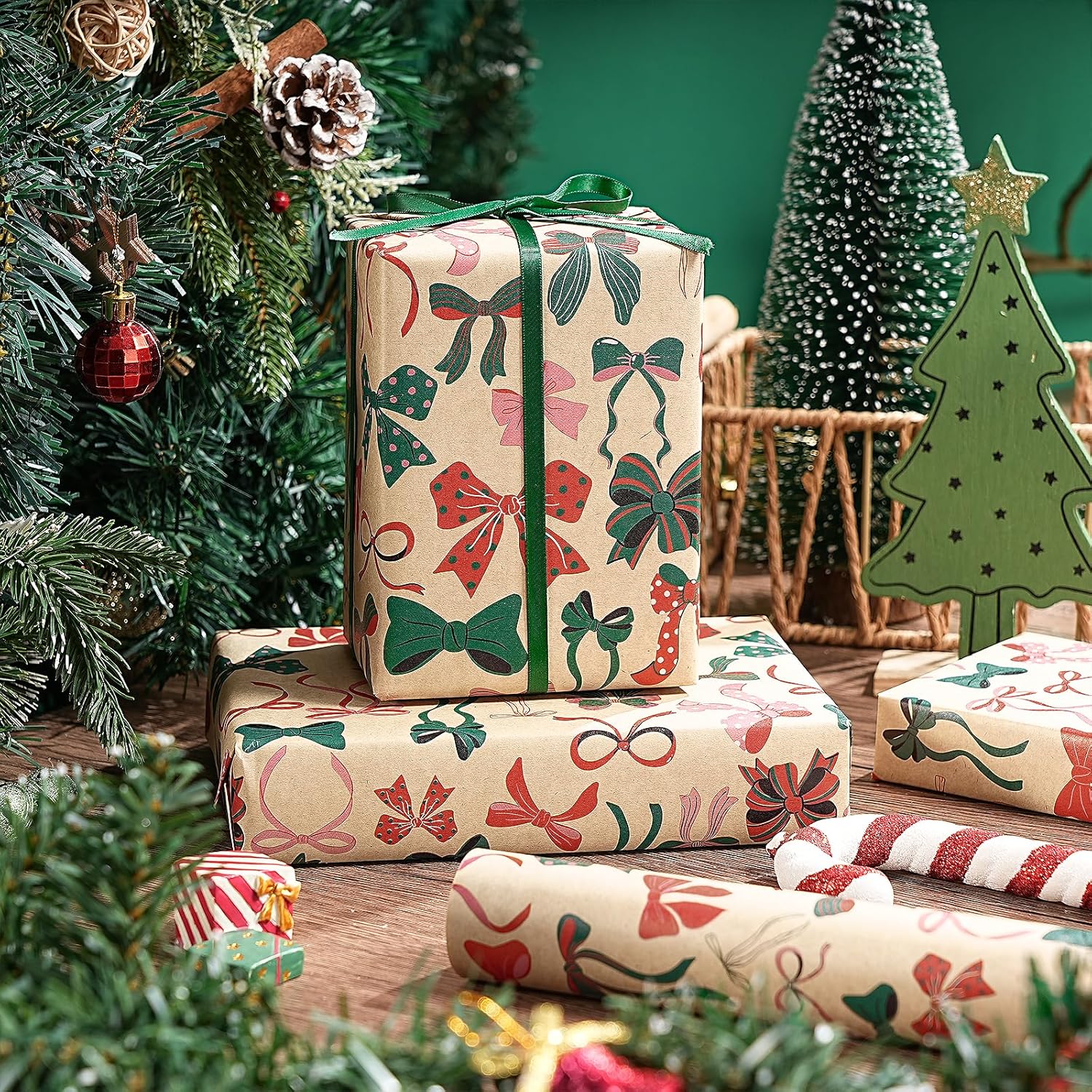 Kraft Christmas Wrapping Paper Roll For Girls, Mini Roll, Colorful Bow Design With Red, Green And Pink Ribbons, Kraft Gift Wrap For Christmas, Birthday, Holiday Party, 17 Inches X 16.4 Feet