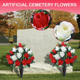 Set Of 2 Artificial Cemetery Flowers, Memorial Flowers Bouquet,Grave Memorial Flowers With Vase For Cemetery Headstones Decoration (Red White)