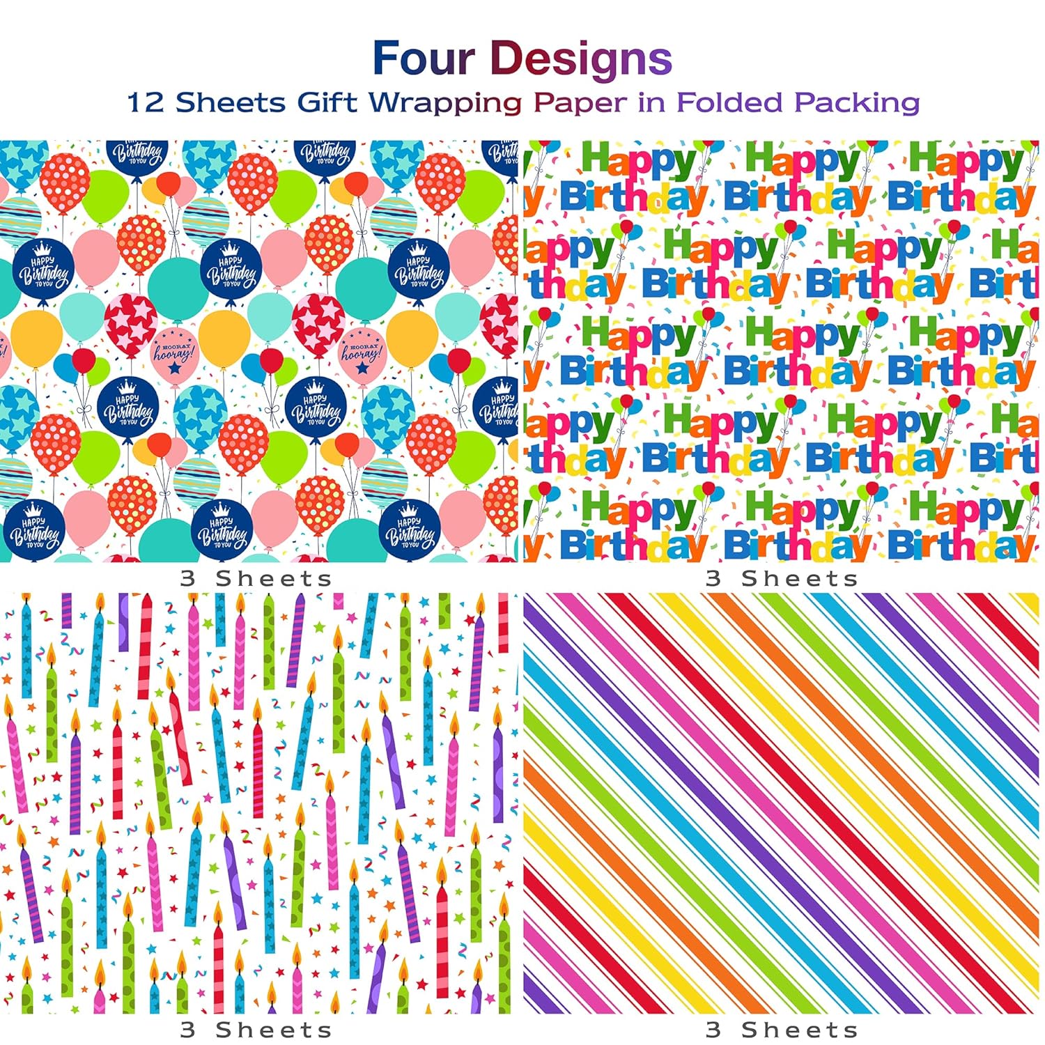 Birthday Wrapping Paper Sheet - 12 Sheets Folded Flat Gift Wrap With “Happy Birthday” Candles, Balloons, Colorful Stripes For Party, Baby Shower - 20 X 28 Inch Per Sheet