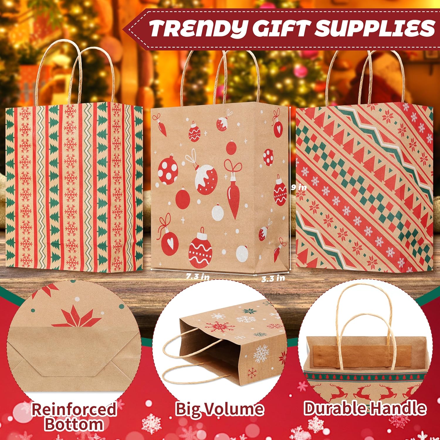 24 Pcs Christmas Kraft Gift Bags With Handles,Treat Bags For Gifts,Cookies,Candy,Holiday Goodies Wrapping,For Xmas Holiday Presents Wrapping,9"X7.3"X3.3"