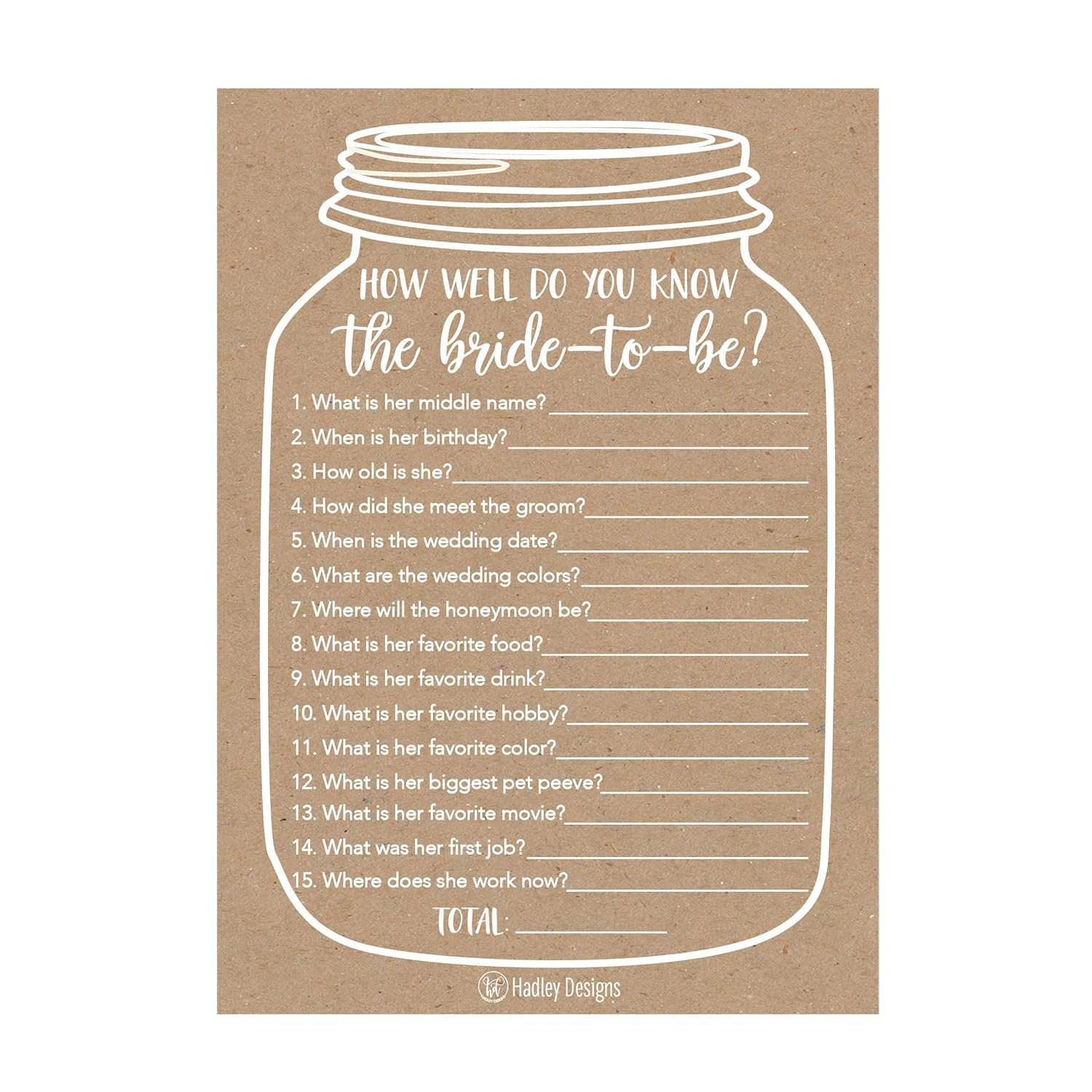 25 Cute Rustic How Well Do You Know The Bride To Be Bridal Wedding Shower, Bachelorette Party Game, Couples Guessing Question Set Of Cards Pack Unique Printed Engagement