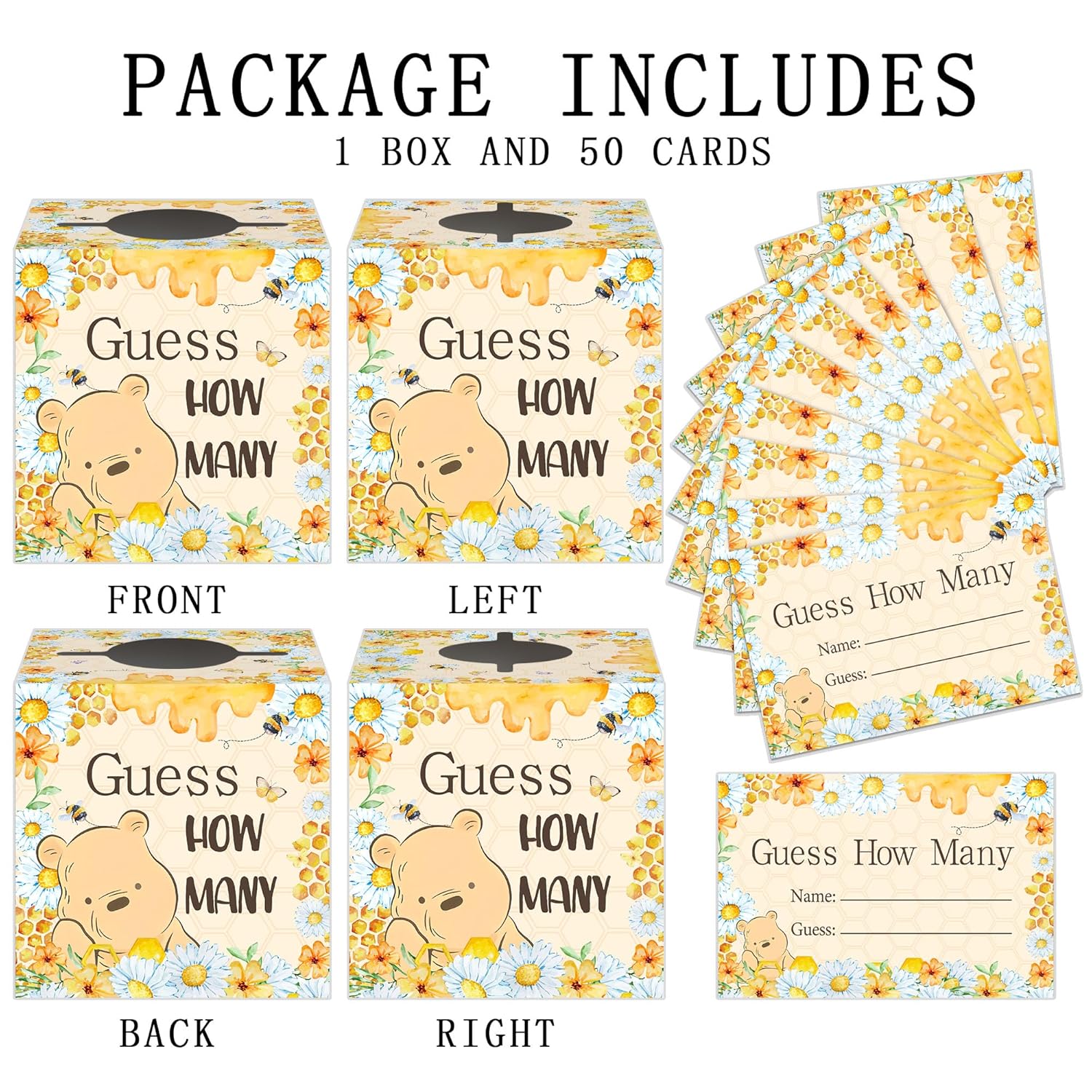 Guess How Many Cards, Winnie Baby Shower Games, Baby Shower Game With Box And 50 Guessing Cards, Gender Reveal Party Favor, Baby Shower Honey Decorations, Newborn Birthday Party Games Supplies