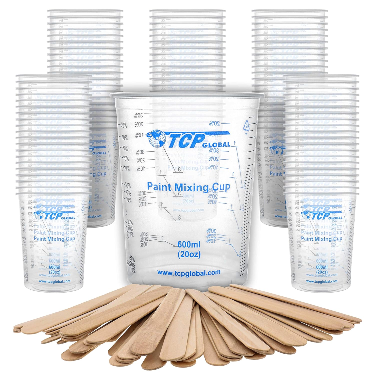 TCP Global 20 oz. (600ml) Graduated Plastic Mixing Cups - Box of 100 with 50 Mixing Sticks - Disposable Plastic Measuring Cups for Liquids, Paints, Resin, Epoxy, Art, Kitchen - Ratios 2-1, 3-1, 4-1 ML