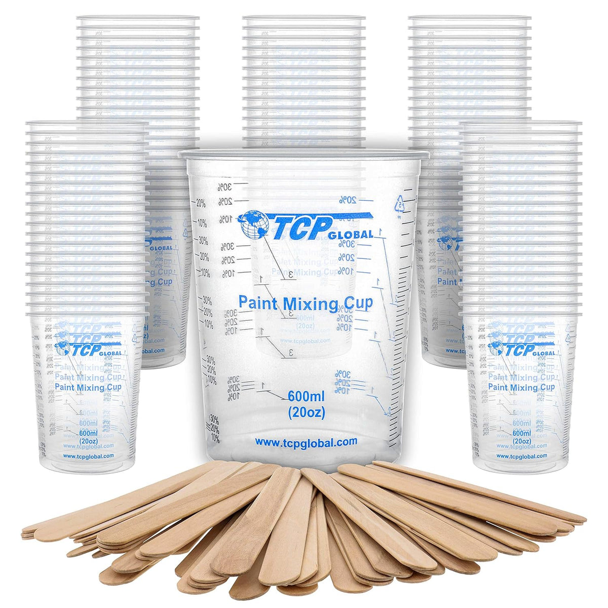 TCP Global 20 oz. (600ml) Graduated Plastic Mixing Cups - Box of 100 with 50 Mixing Sticks - Disposable Plastic Measuring Cups for Liquids, Paints, Resin, Epoxy, Art, Kitchen - Ratios 2-1, 3-1, 4-1 ML