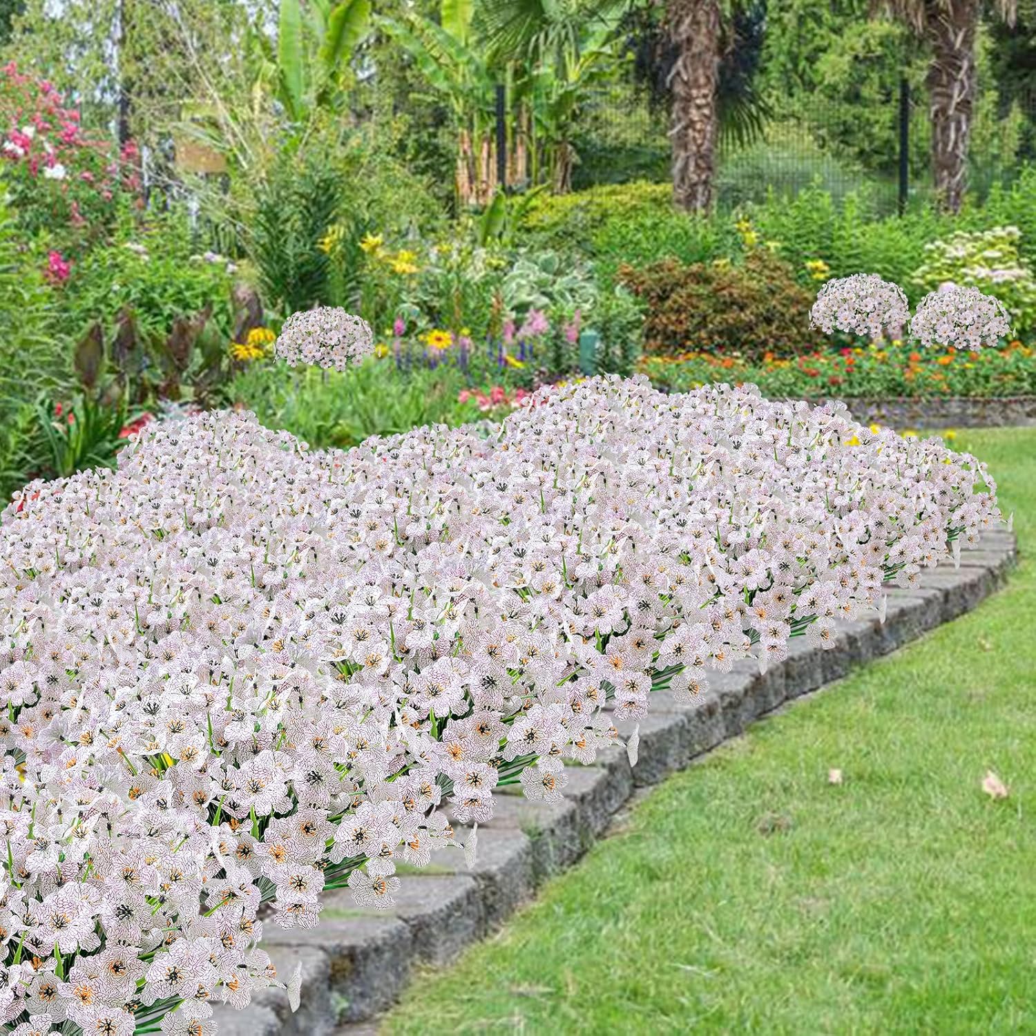 Artificial Flowers For Outdoor-24Pcs Uv Resistant Fake Flowers No Fade Silk Flowers Faux Plastic Plants Flowers Artificial Hanging Planters For Garden Porch Window Box Decorating (White)