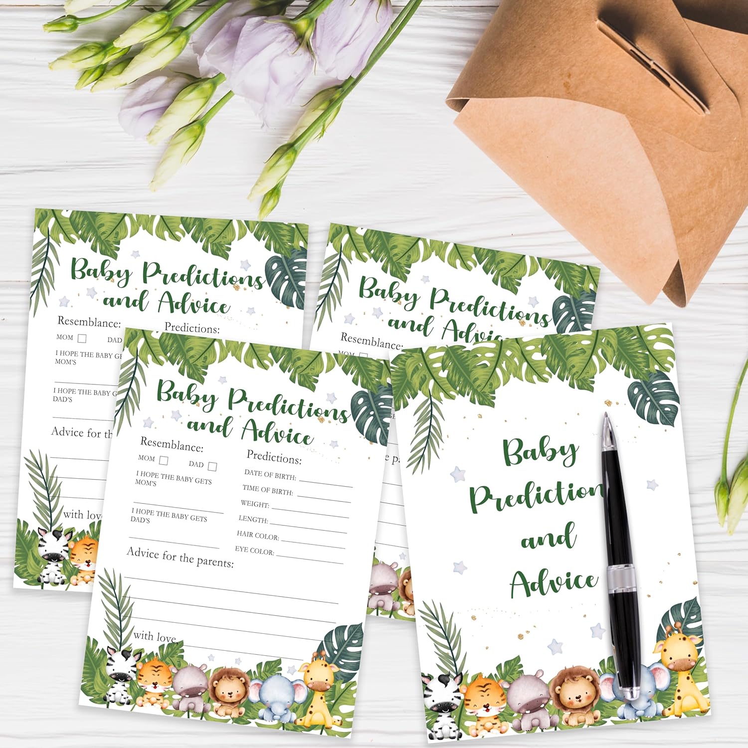 Safari Animals Baby Shower Games Cards, Baby Predictions And Advice Cards For New Parents Babyshower Activity, Wildlife Gender Reveal Party Games For Decorations Favors Supplies, Set Of 25 -06