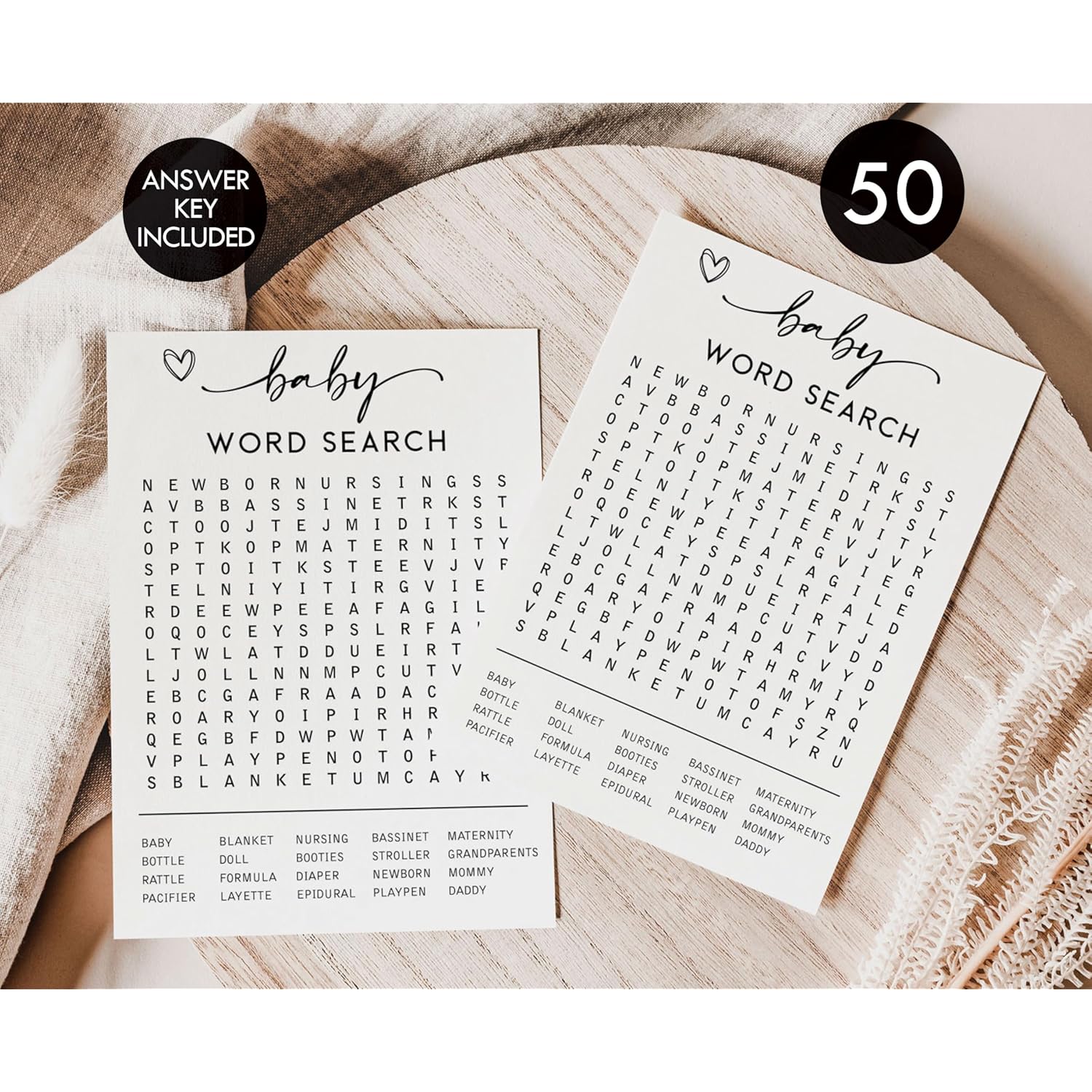 50 Baby Shower Word Search Game (50-Cards) Fun Baby Shower Word Find Game Activity, Gender Neutral Boy Or Girl, Minimalist Script Greeting Card
