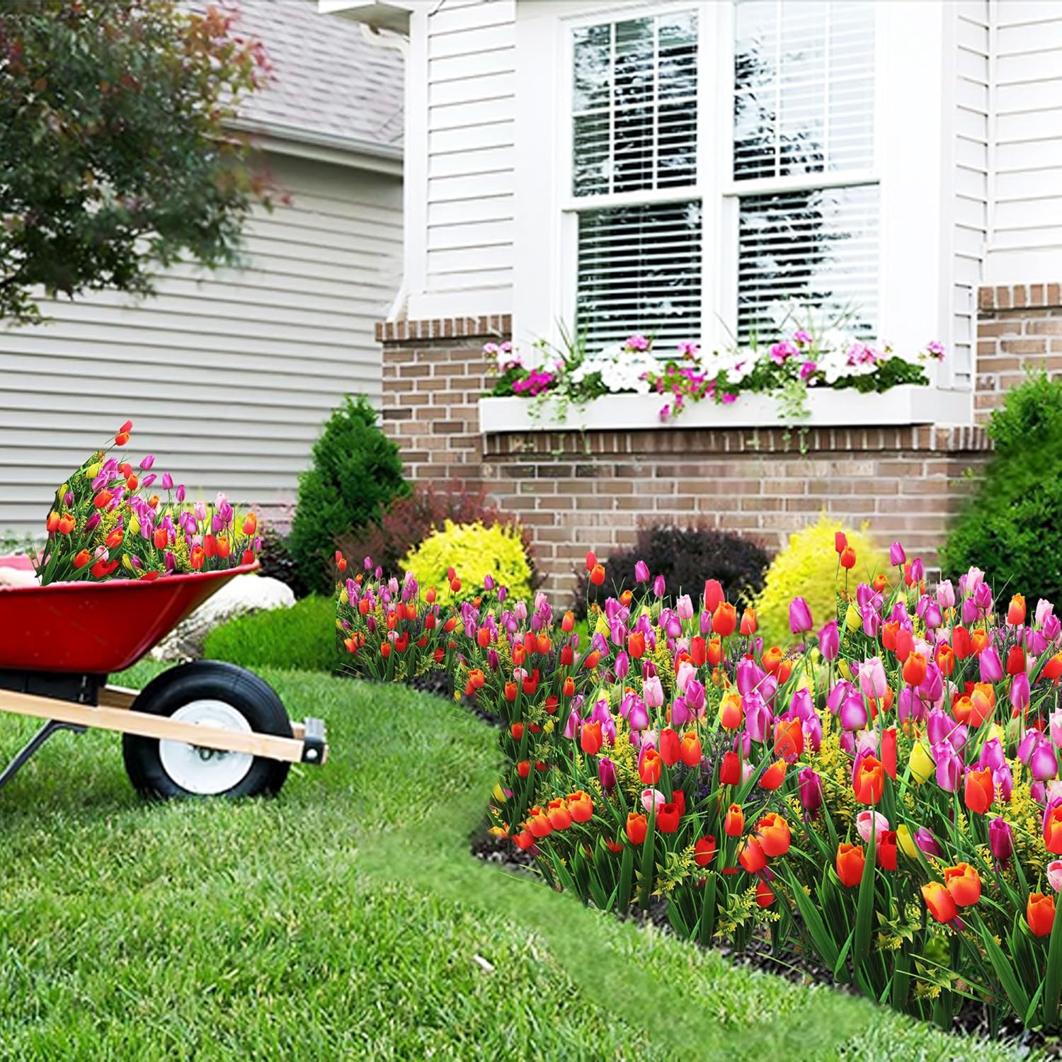 0Kiygoo 12 Outdoor Artificial Flower Pieces, Bulk Fake Plastic Plants For Porch, Window, Home & Wedding Decoration In Fall And Summer, Ideal For Hanging Planters (Tulip)