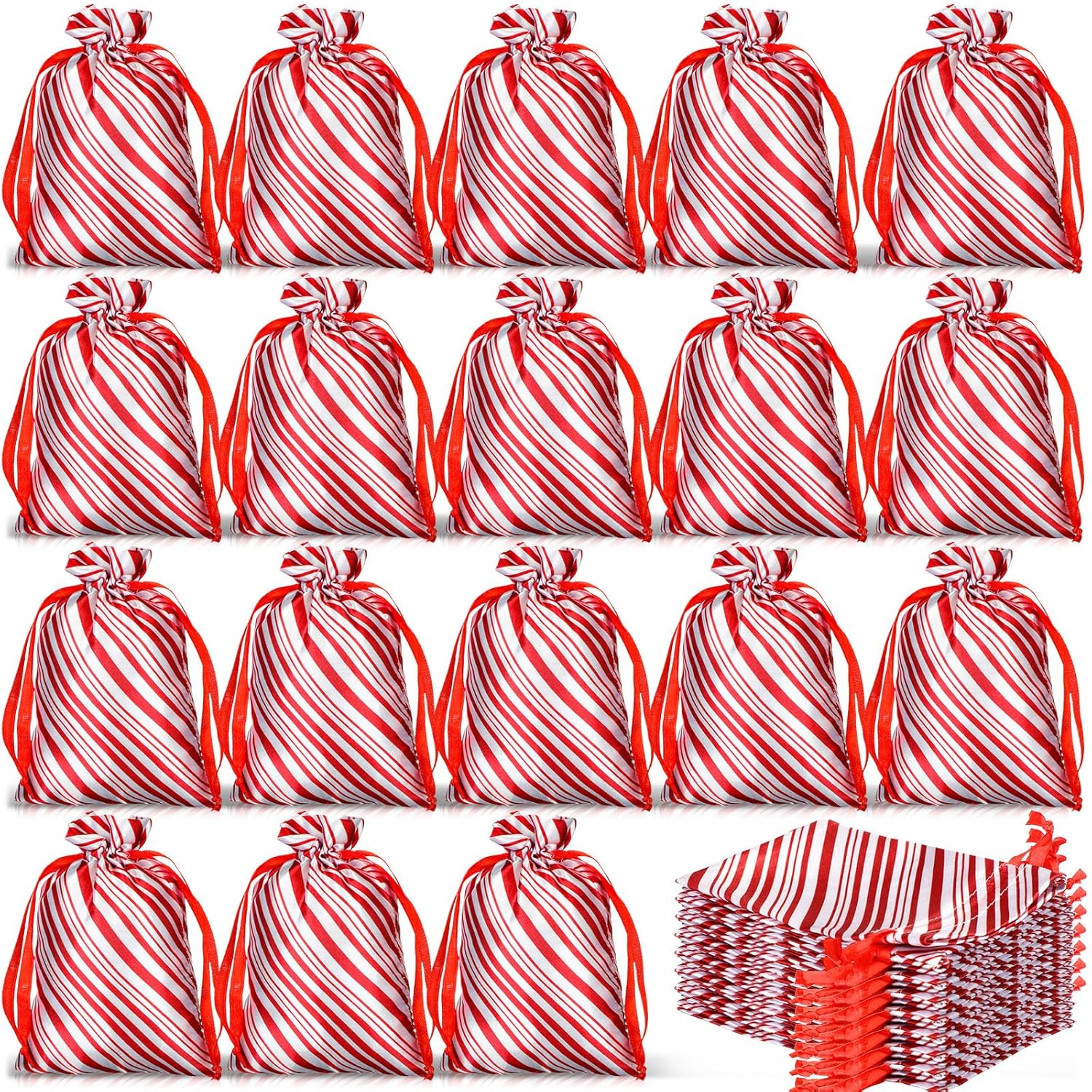 100 Pcs Christmas Satin Gift Bags With Drawstring Candy Cane Bags Christmas Mini Glitter Stripes Treat Bag Reusable Gift Wrapping Sack For Xmas Holiday Party Favor(4 X 6 Inch,White And Red)