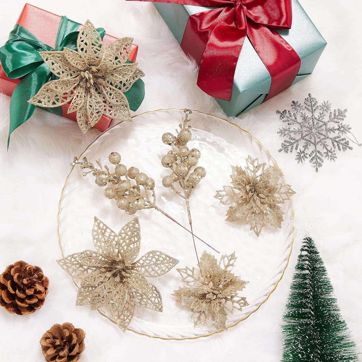 22Pcs Christmas Poinsettia Artificial Flowers And Glitter Berries Stems Kit, 16Pcs Christmas Tree Flowers Ornaments And 6 Pack Christmas Tree Picks For Wedding Holiday Decorations (Champagne)
