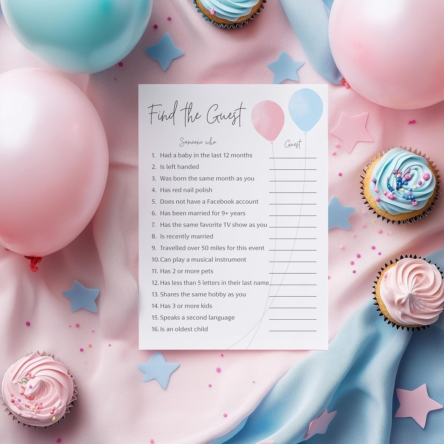 Balloons Gender Reveal — Find The Guest Baby Shower Game — Pack Of 25 — Minimalist Blue Or Pink, Girl Or Boy Games, Icebreaker Party Game, Guess Who Came To The Party, Coed Couples Shower G515-Ftg