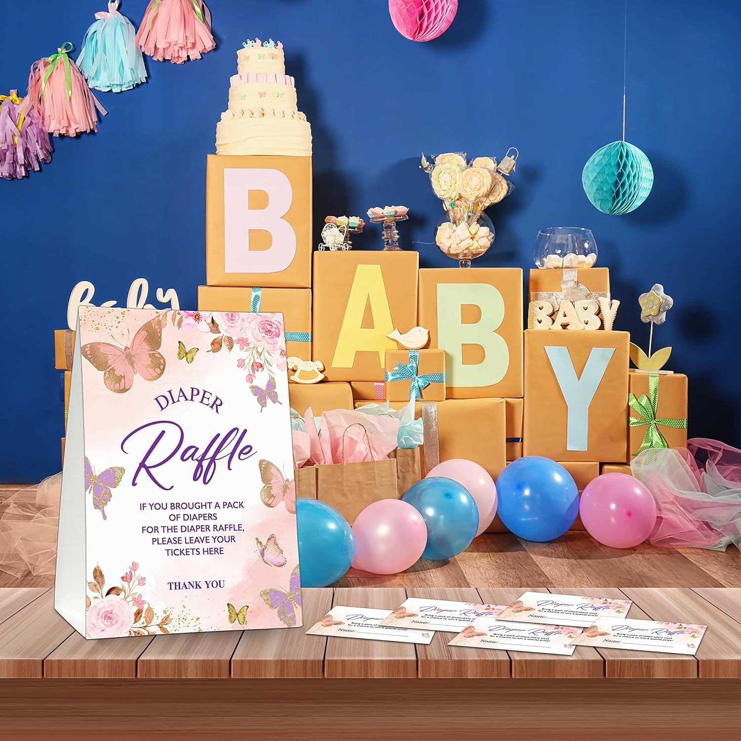 Diaper Raffle Party Games, Butterfly Baby Shower Game, Blush Pink Floral Themed Baby Gender Reveal Party Supplies & Activities -1 Double Sided Standing Sign + 50 Guessing Cards (A04)