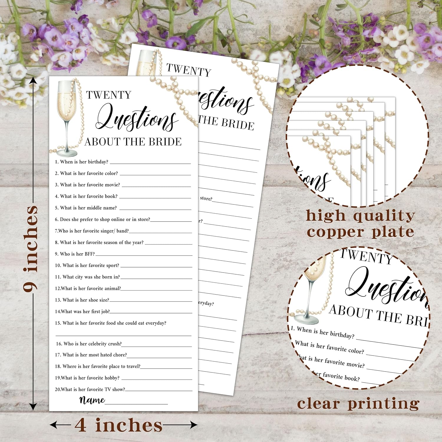 Wedding Shower Games Cards, Twenty Questions About The Bride, 25 Pcs Pearls And Champagne Bridal Wedding Activities Game Cards For Guests, Engagement Bridal Shower Party Decorations, 4X9 Inch-C12