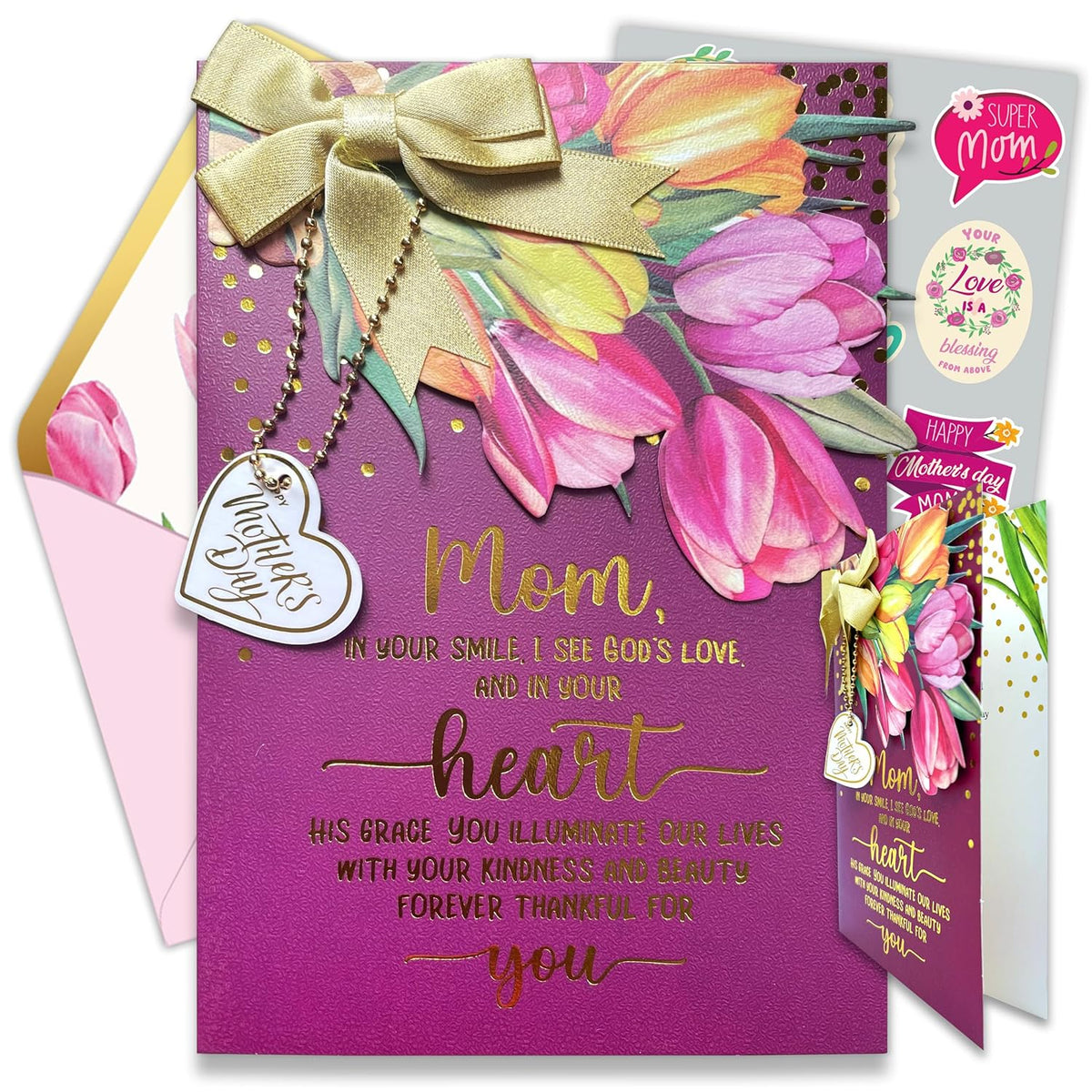 Gold Foiled 5X7In Handmade Individual Happy Mothers Day Card Religious With Tulip Cutout, Ribbon & Die-Cut Heart With Envelope & Stickers For Moms, Grandmas, Printed Message, Gifting