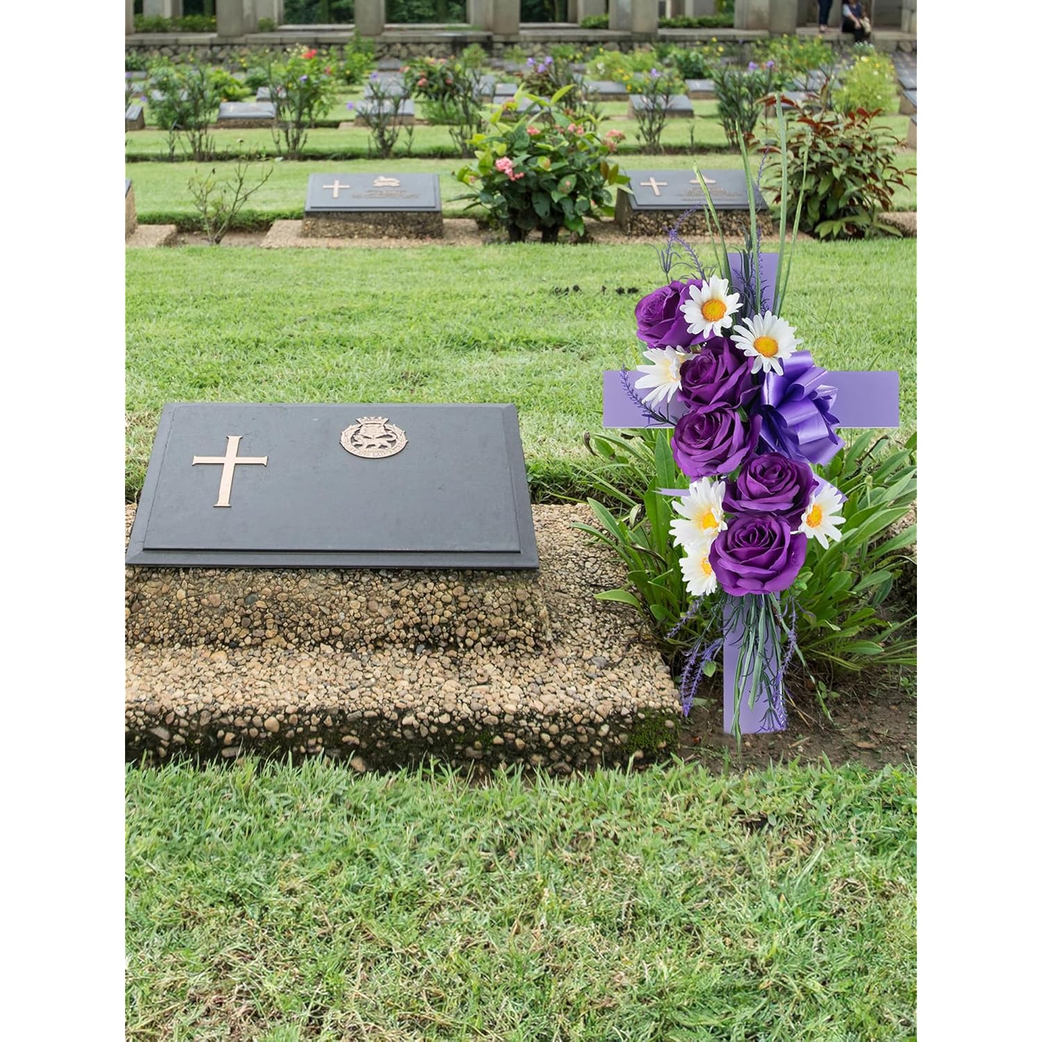 Cross For Cemetery Grave With Flowers: Outdoor Easter Grave Decorations For Cemetery - Purple Roses Artificial Flowers Memorial Wooden Cross For Gravesites
