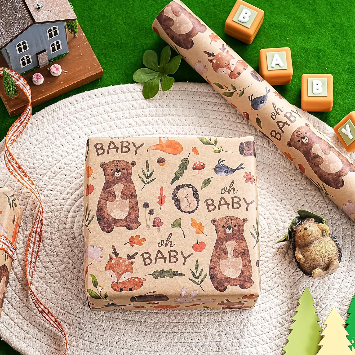 Kraft Jungle Baby Shower Wrapping Paper Roll - Mini Roll - 17 Inch X 16.5 Feet - Oh Baby And Little Woodland Animal Wrapping Paper For Baby Shower, Kids Girls Boys Birthday
