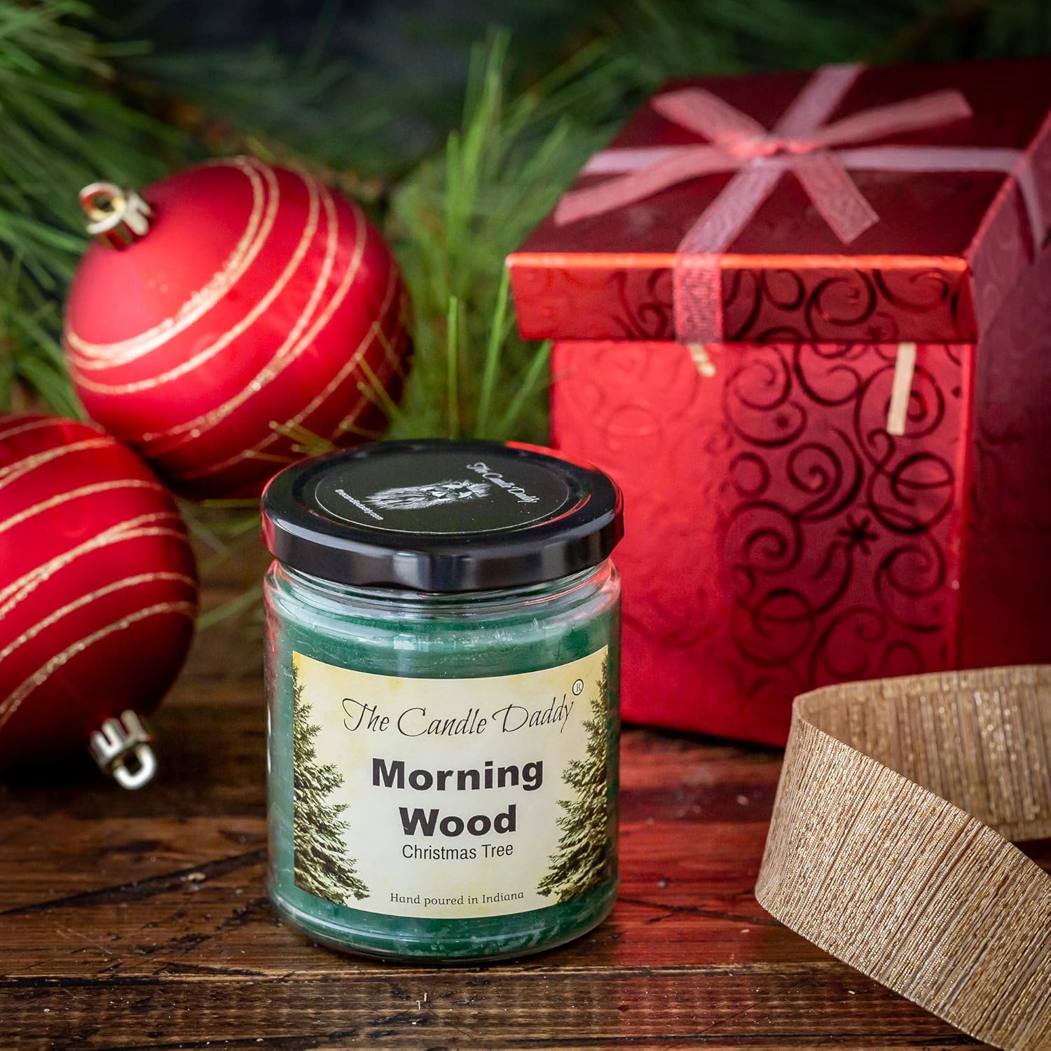 Morning Wood- Christmas Tree & Pine Scented Candle - Funny Holiday Candle For Christmas, New Years - Long Burn Time, Funny Holiday Fragrance, Hand Poured In Usa - 6Oz
